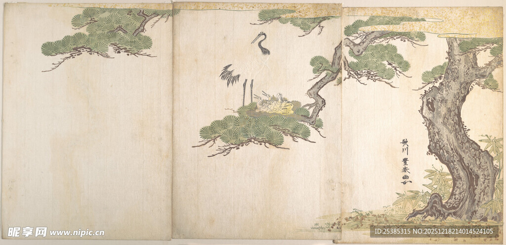 中式屏风花鸟山水图