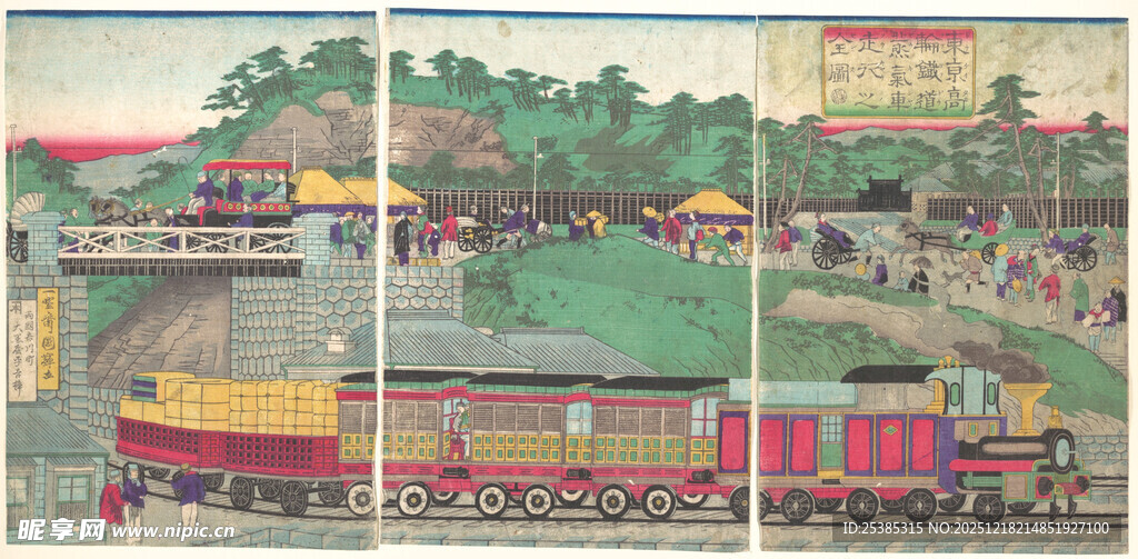 复古风格火车行驶风景图