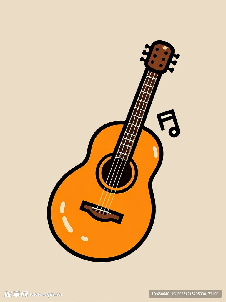手绘橙色吉他与音符