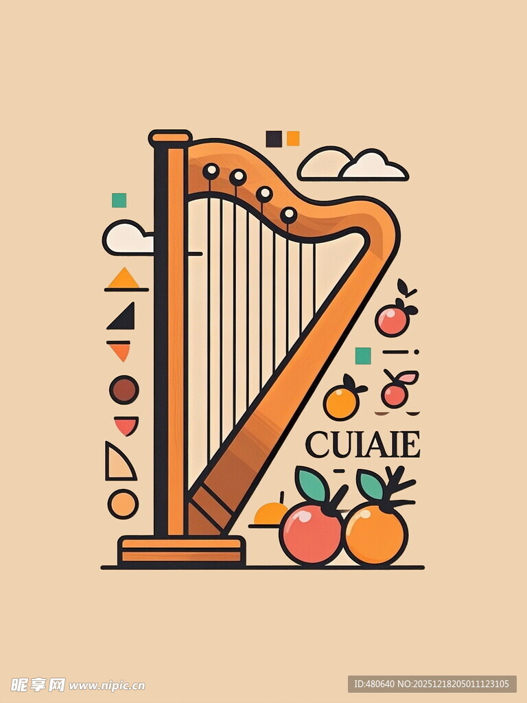 竖琴插画多彩装饰元素