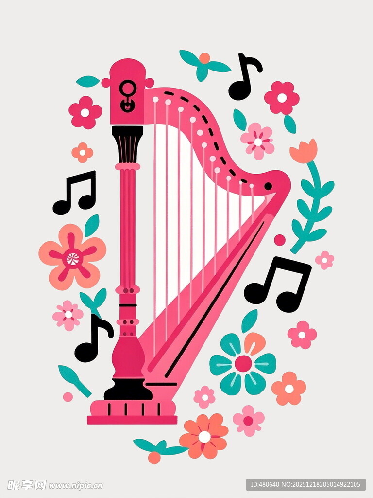 粉色竖琴与花卉音符图案