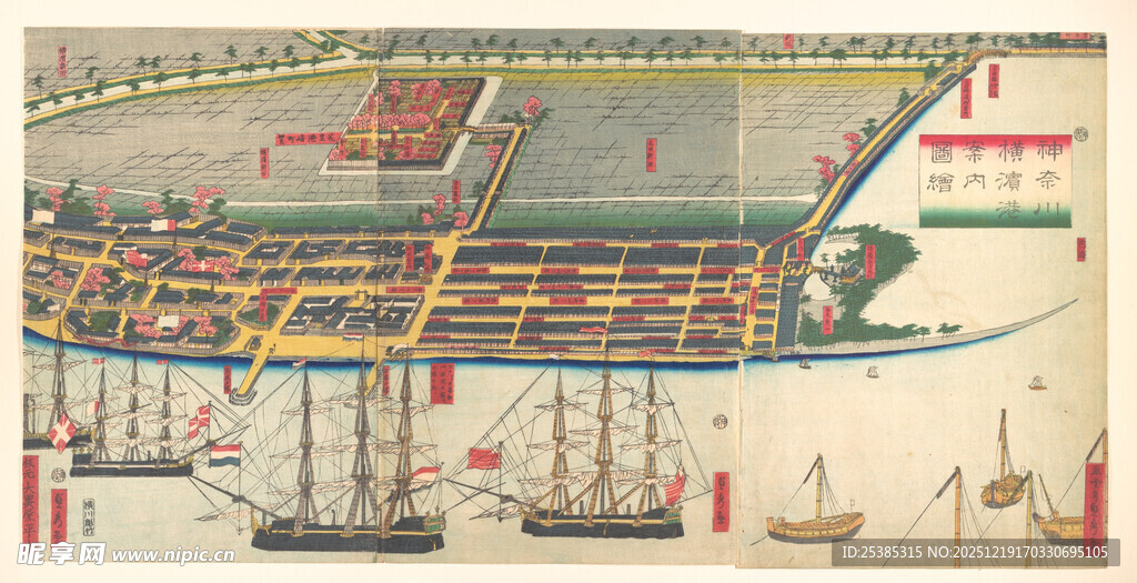 复古港口船只全景图