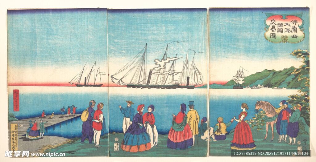 海边人群与远航船只景象