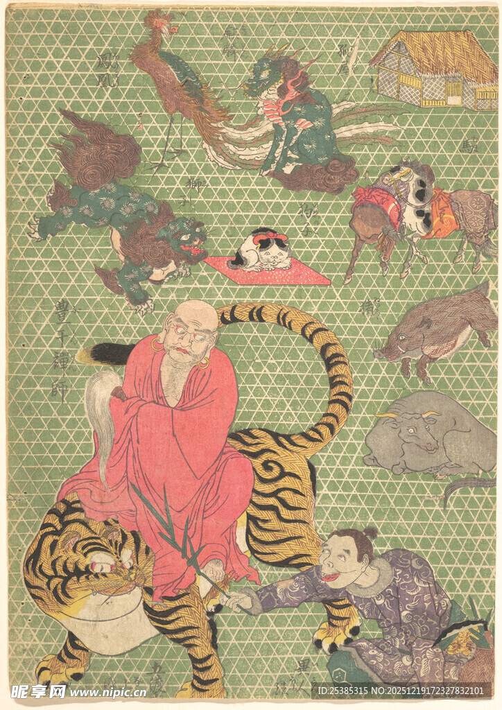 古代骑虎人物绘画场景