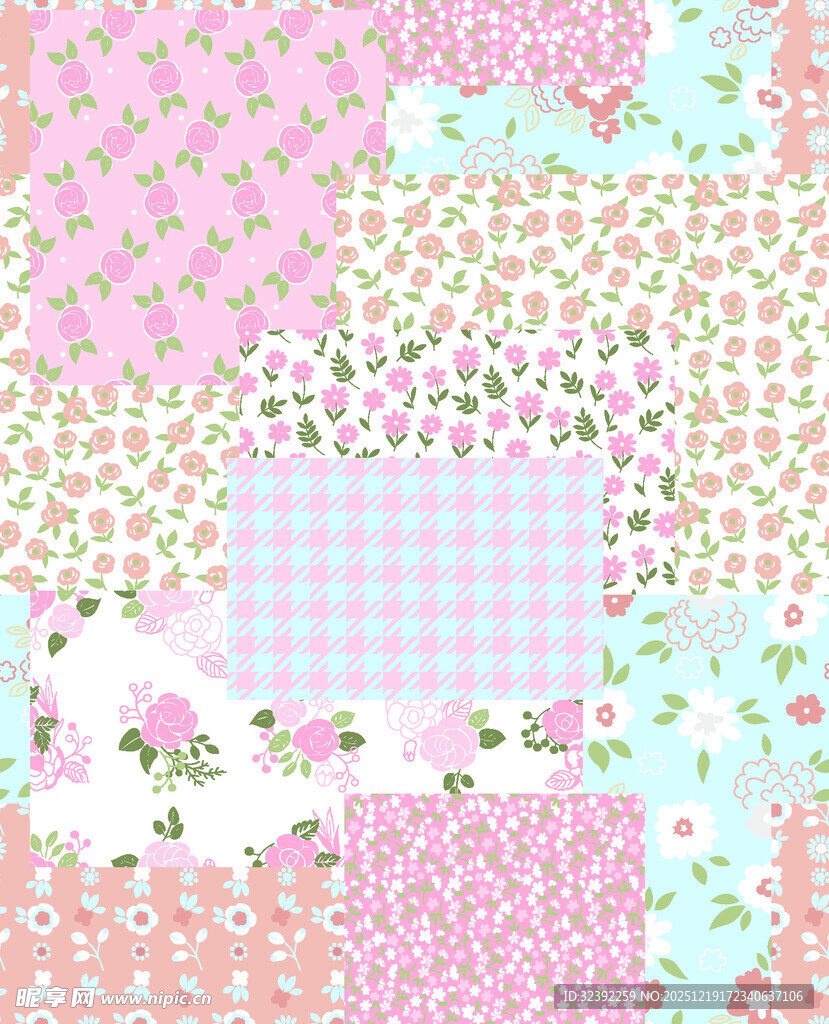 多彩花卉格子拼接图案