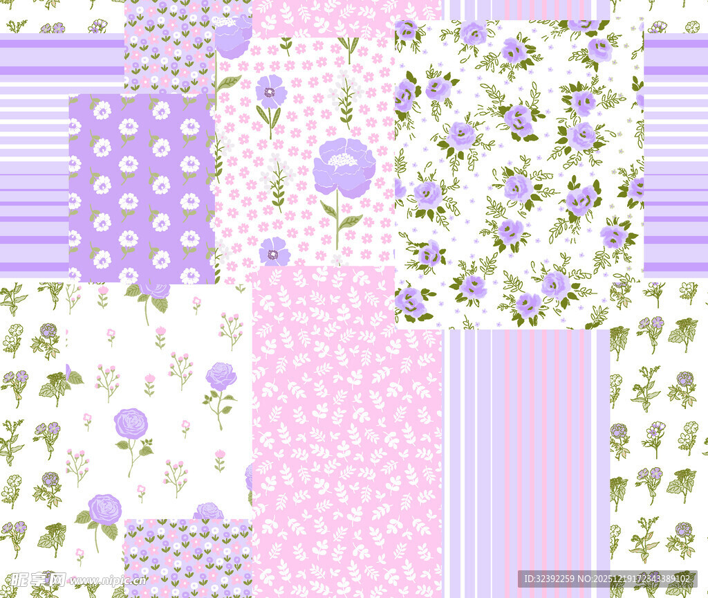 紫色系花卉图案拼接素材