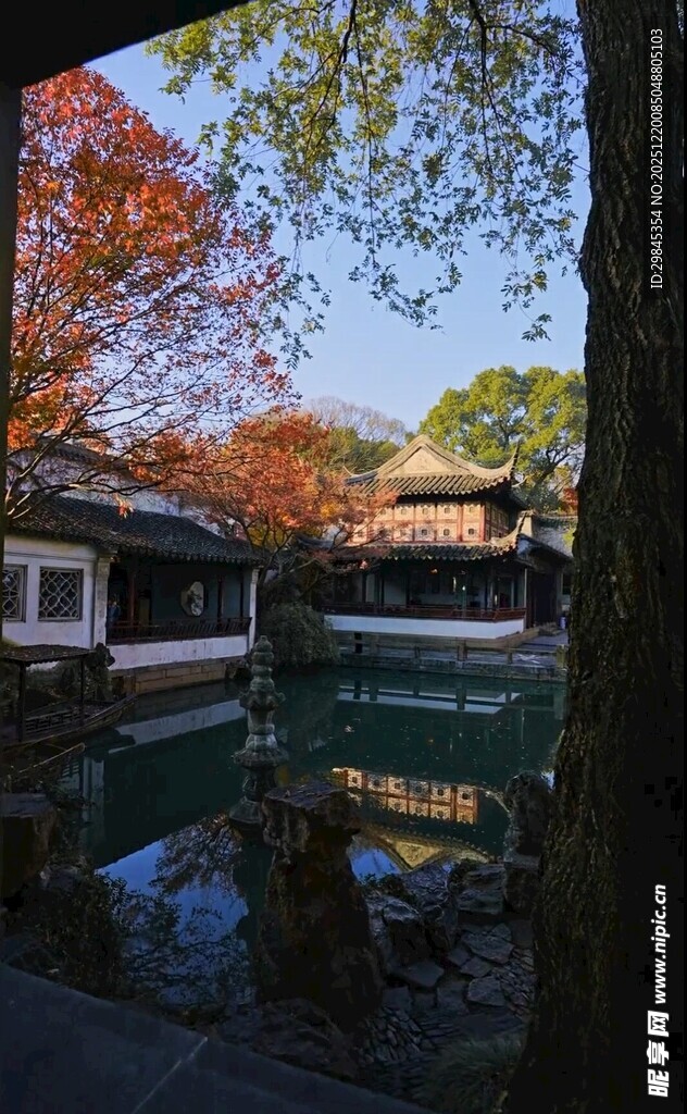 秋日庭院中的静谧水景