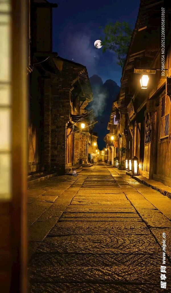 静谧古巷月夜街景