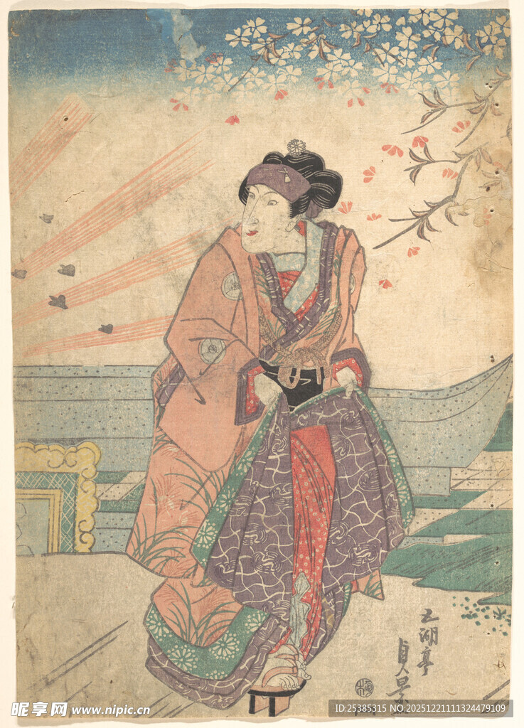 江户美人图和服女子赏景