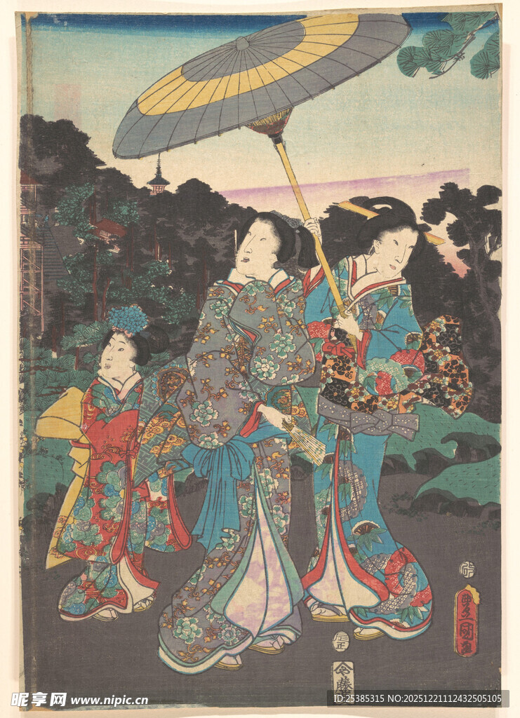 日本传统服饰女子出行图