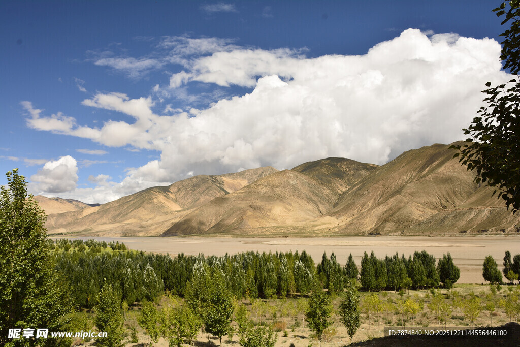 山间葱郁树林与蓝天白云