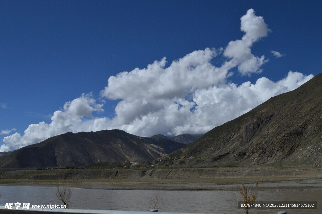 高原湖畔壮丽蓝天白云景