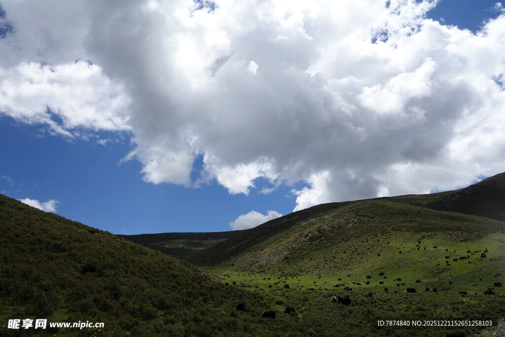 蓝天白云下的翠绿山峦