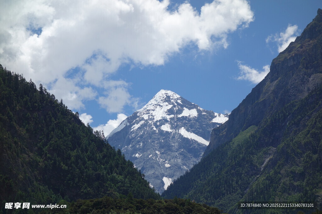 巍峨雪山与葱郁山谷美景