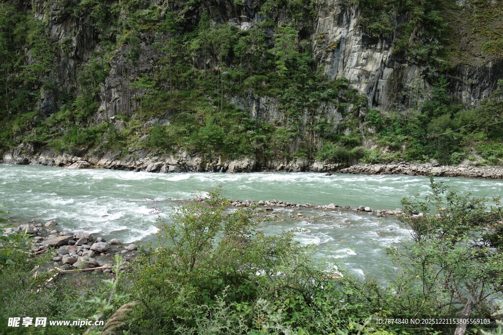 山间湍急河流与葱郁植被