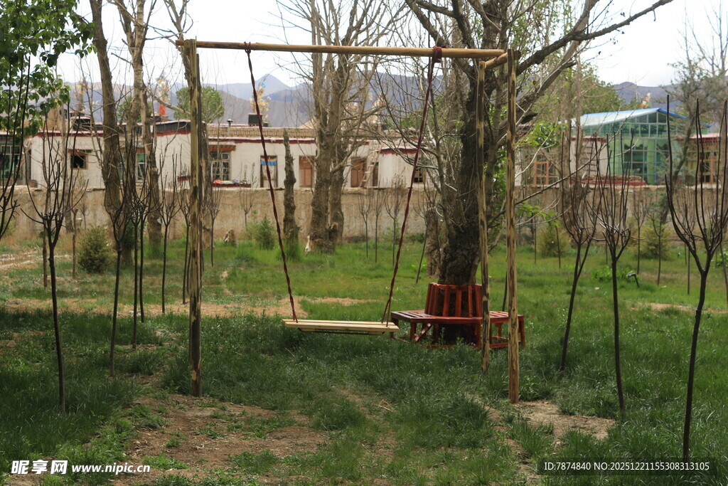 乡村庭院中的简易秋千架
