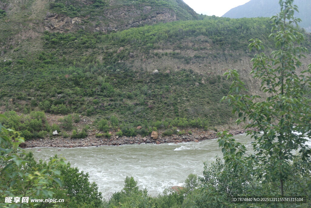 山间河流旁的葱郁景致