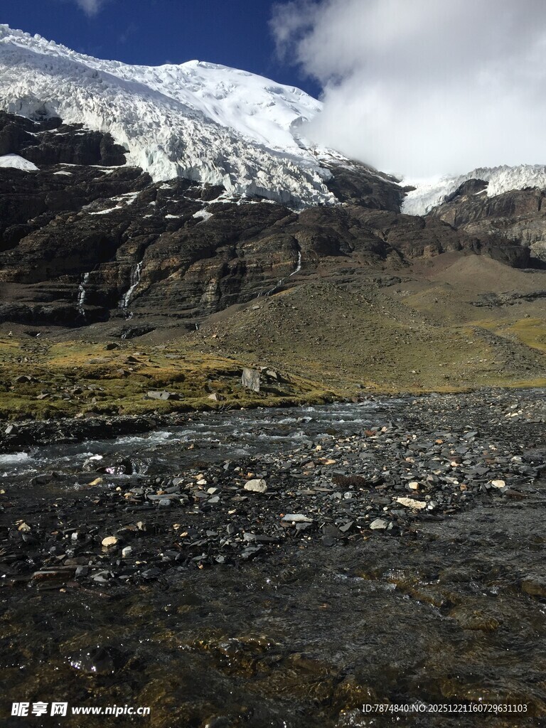 雪山下的碎石河滩景观