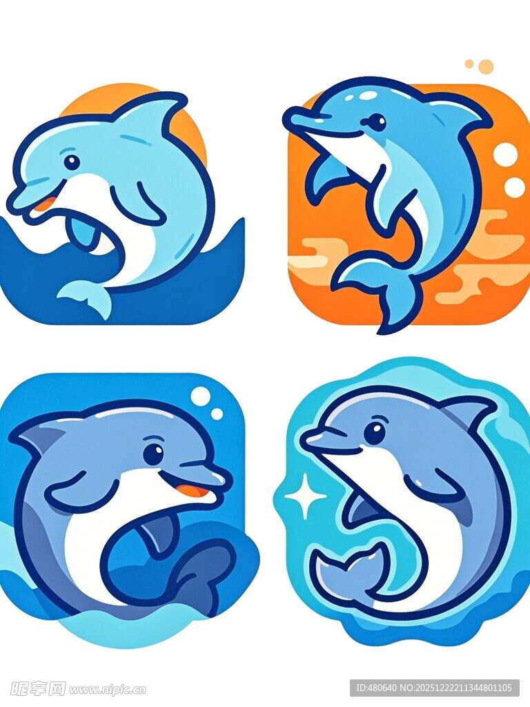 可爱海豚卡通图标集合