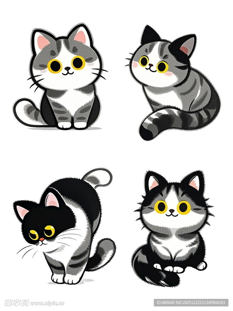 四只可爱猫咪卡通形象