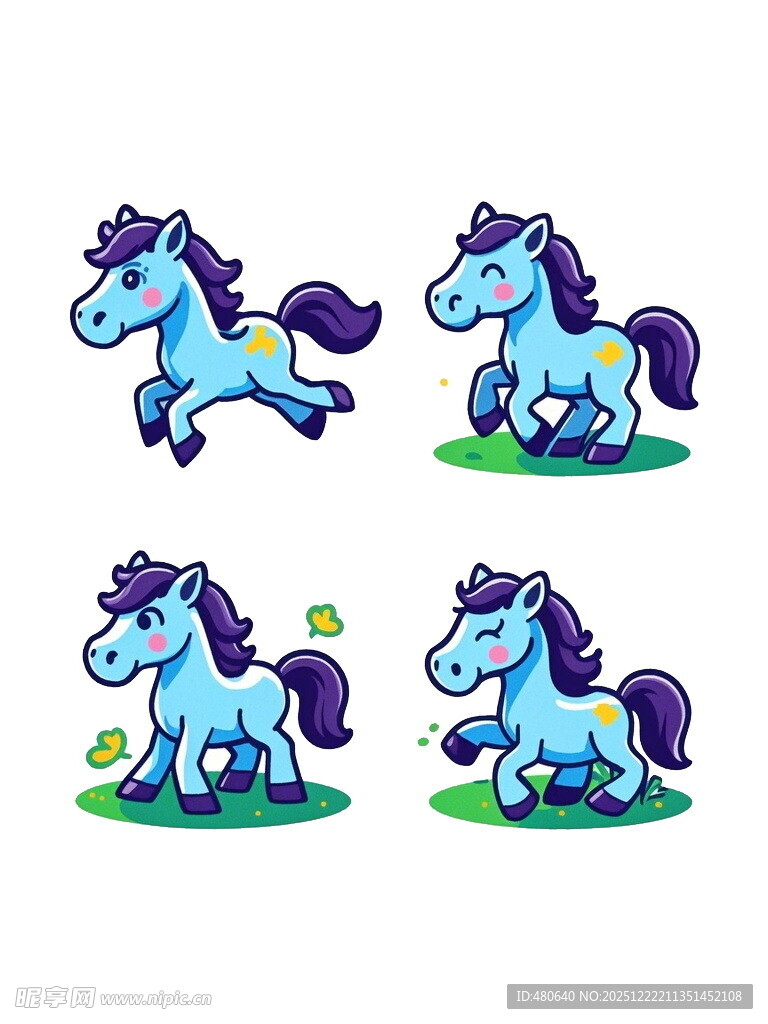 蓝色小马的多样动态姿势