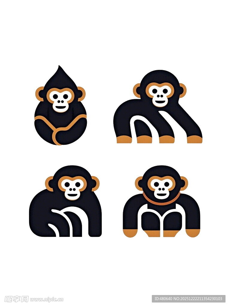 四幅简约风猴子插画图案