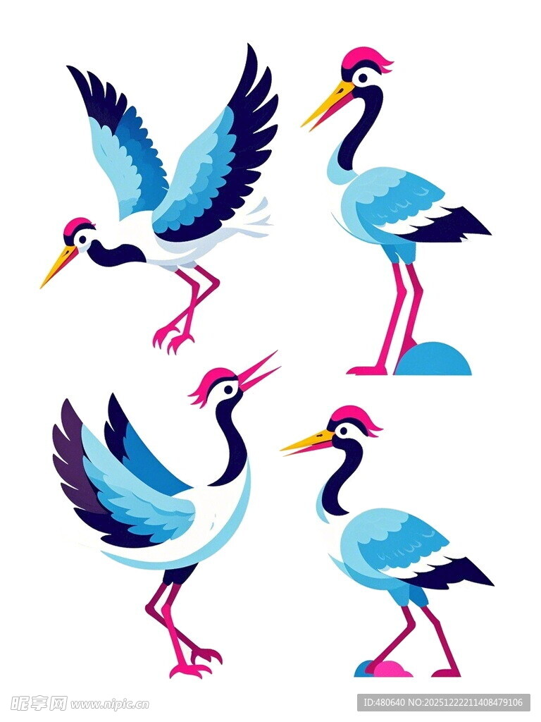 四只多彩仙鹤插画