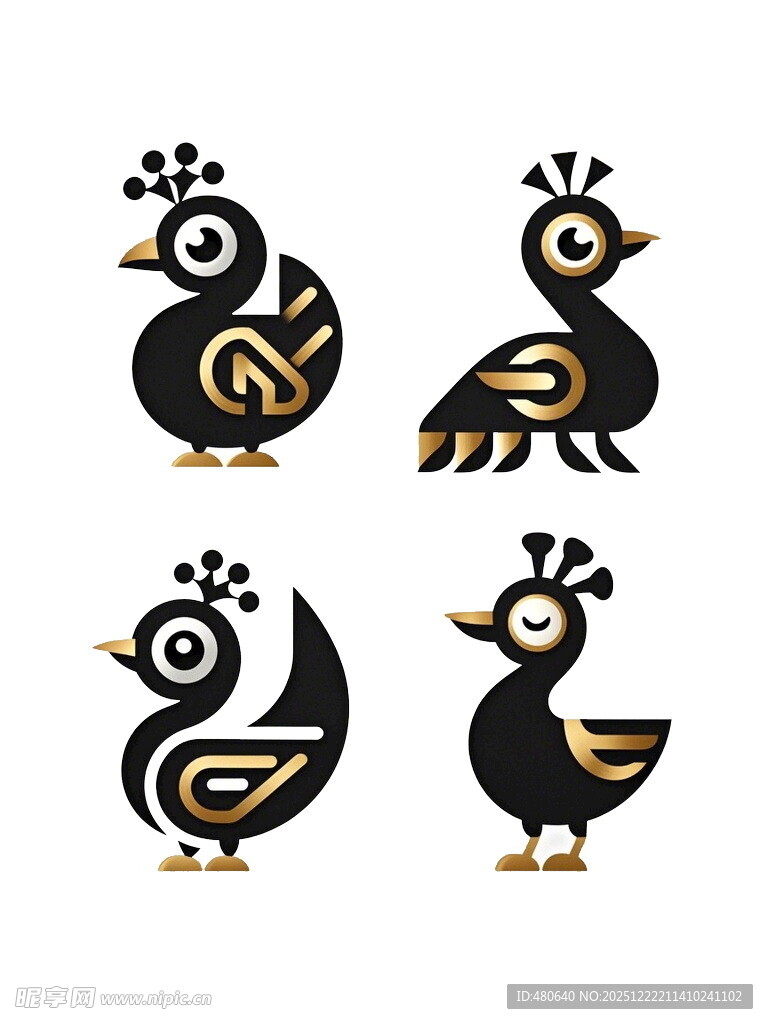 四只卡通风格的黑色小鸟