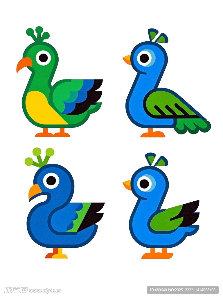 四只可爱彩色卡通小孔雀