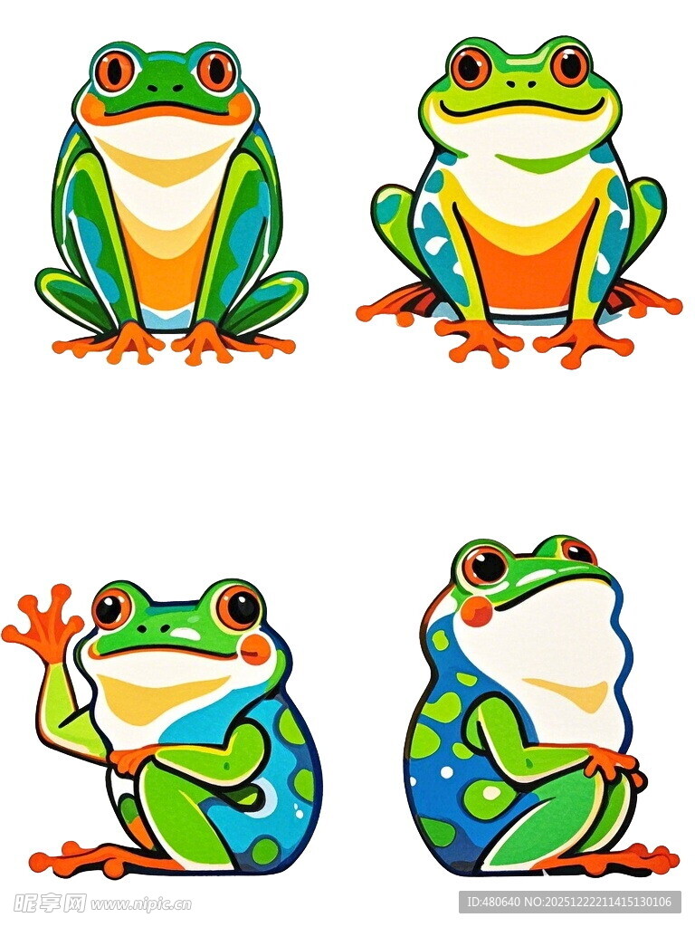 四只卡通青蛙的趣味姿态