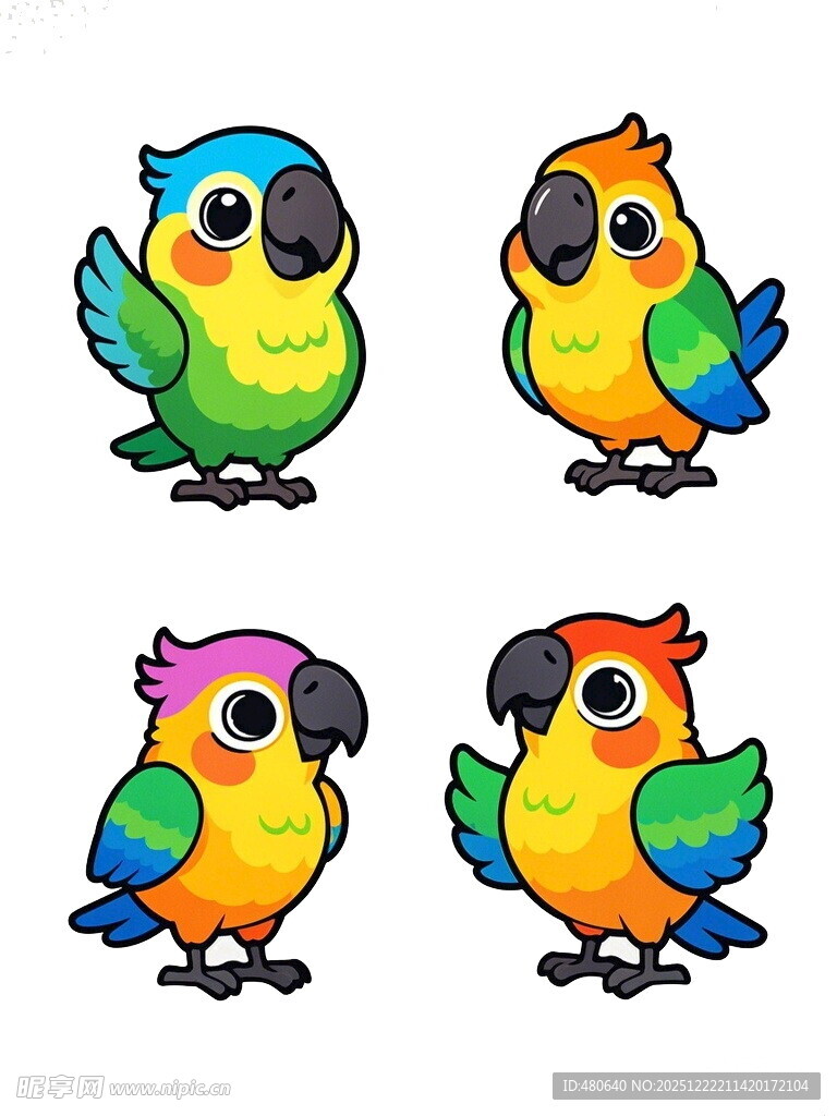 四只多彩鹦鹉卡通形象