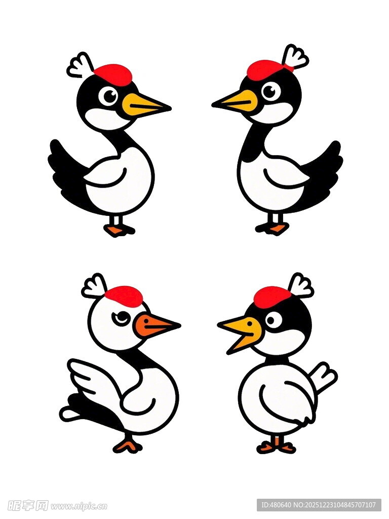 四只戴帽卡通鸟形象