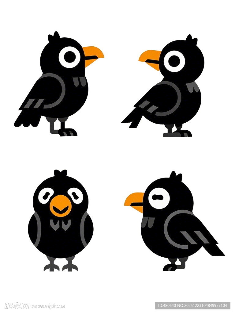 四只表情各异的卡通乌鸦