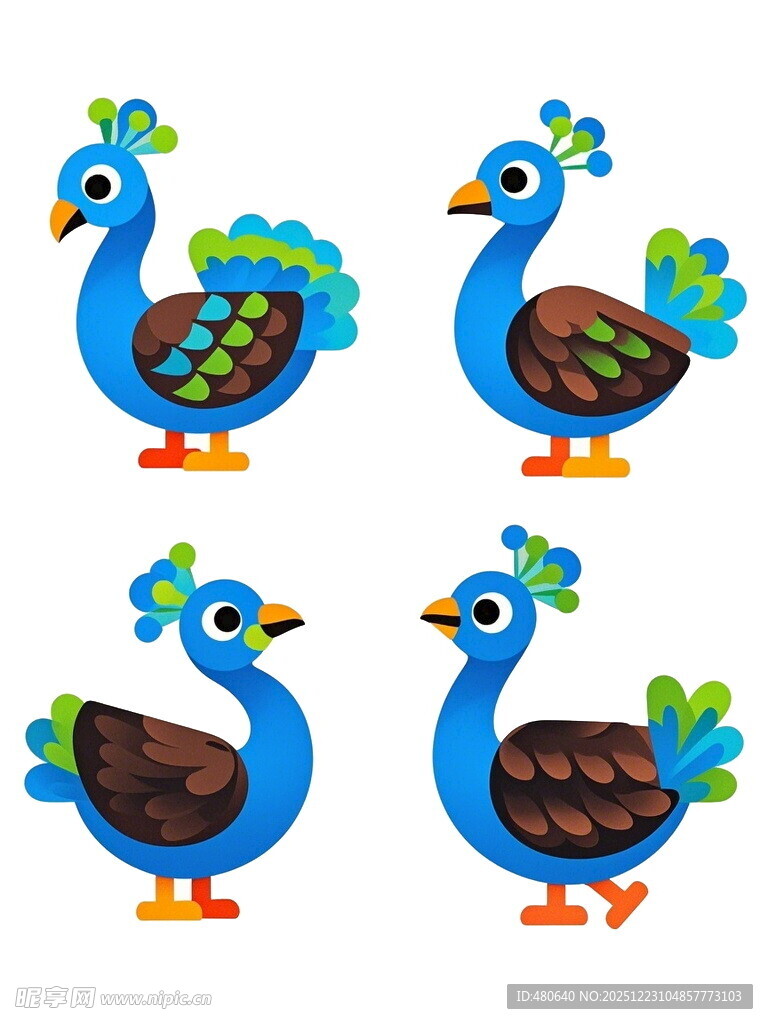 四只卡通风格蓝色孔雀