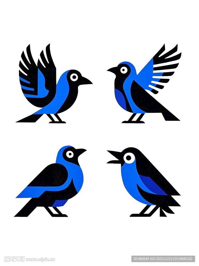 四只蓝黑相间姿态各异小鸟