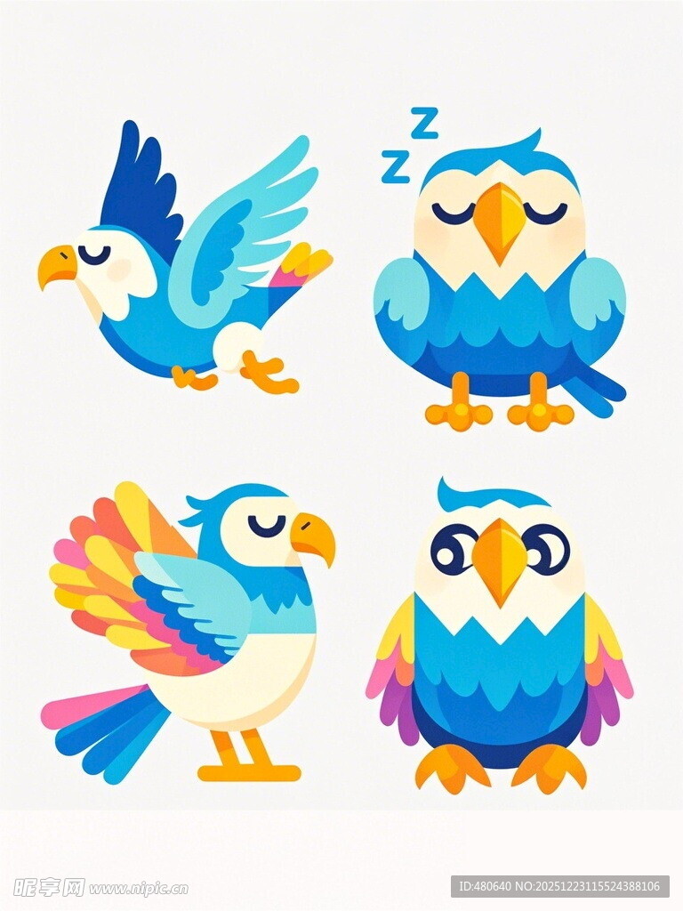 多彩飞鸟与猫头鹰插画