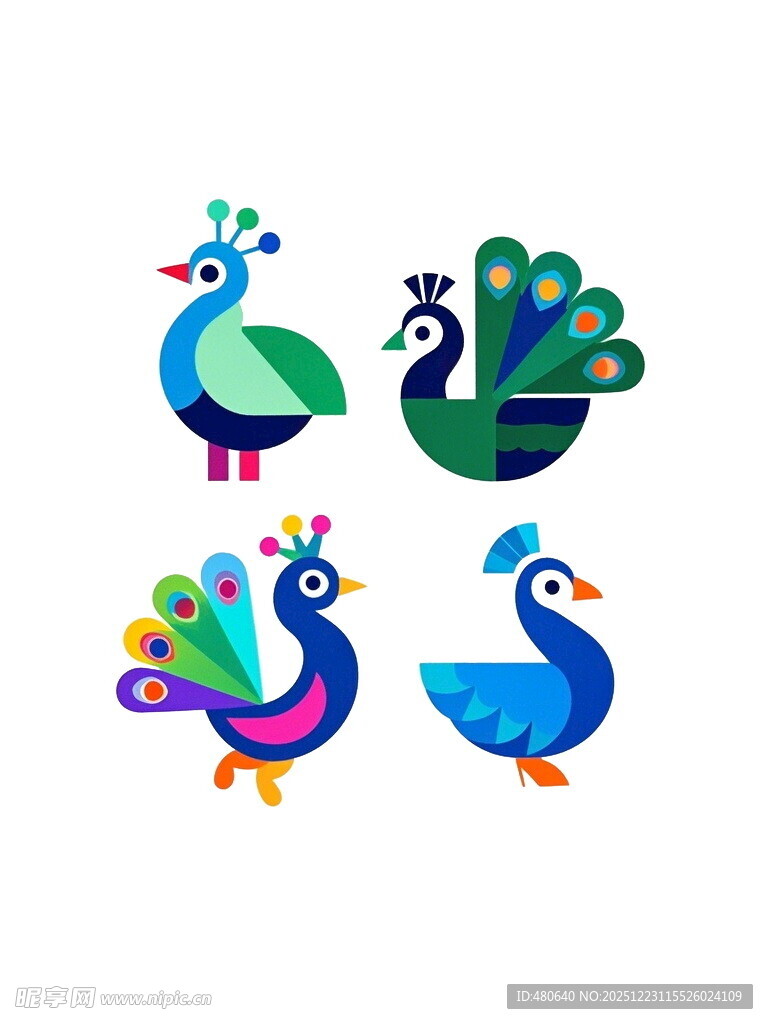 多彩卡通孔雀图案集合