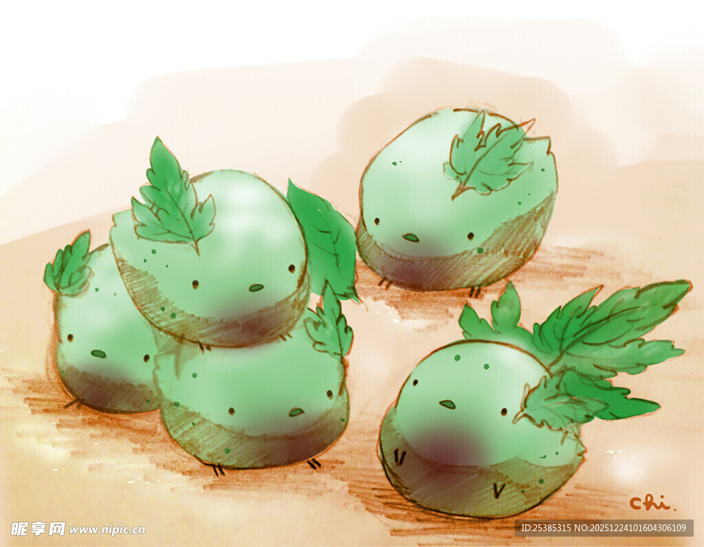 青绿色带叶果实插画
