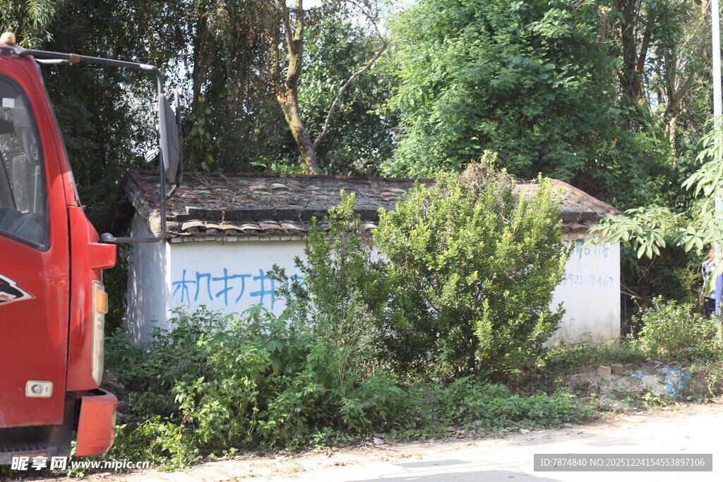 路边小屋与绿植及红色车辆