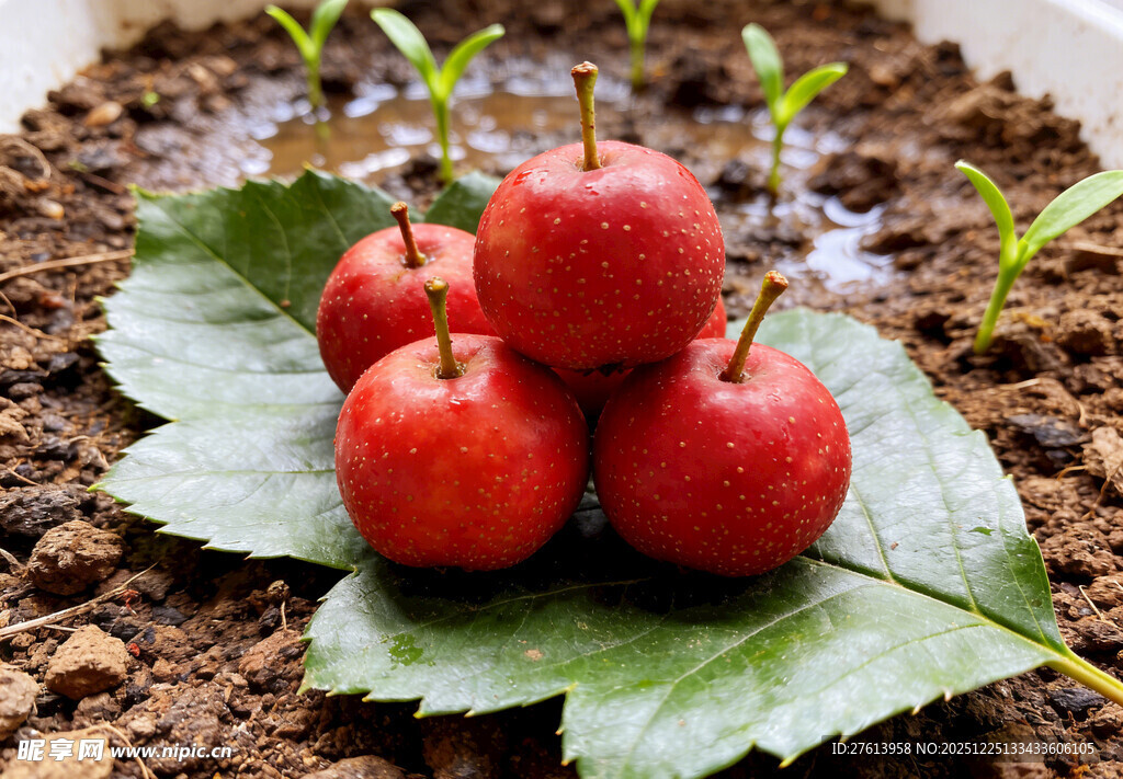 红山楂置于绿叶泥土上
