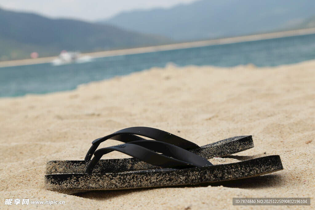 沙滩上的黑色人字拖