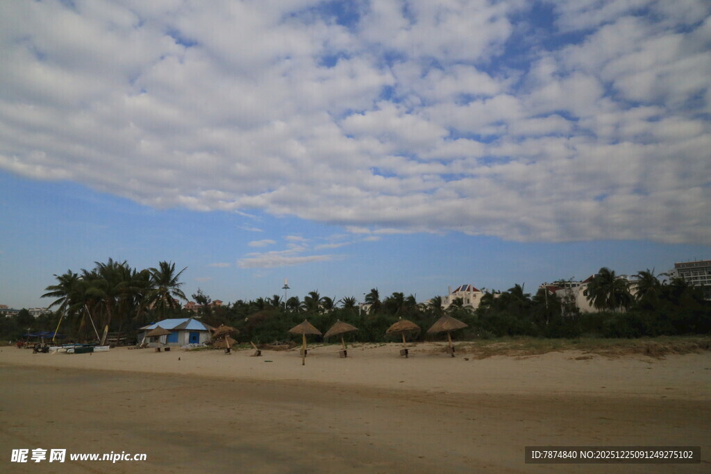 沙滩蓝天绿树风景图