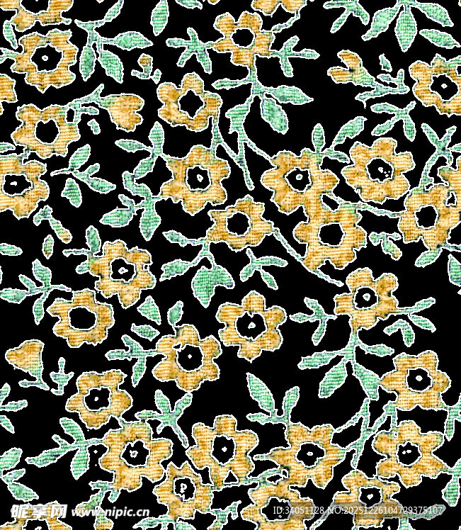 黑色底黄色小花植物图案