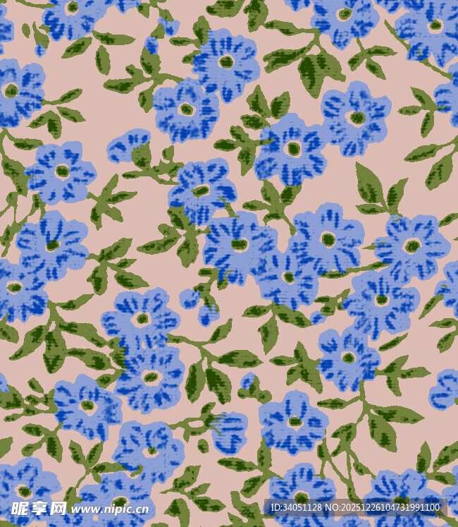 蓝花绿叶印花布料图案