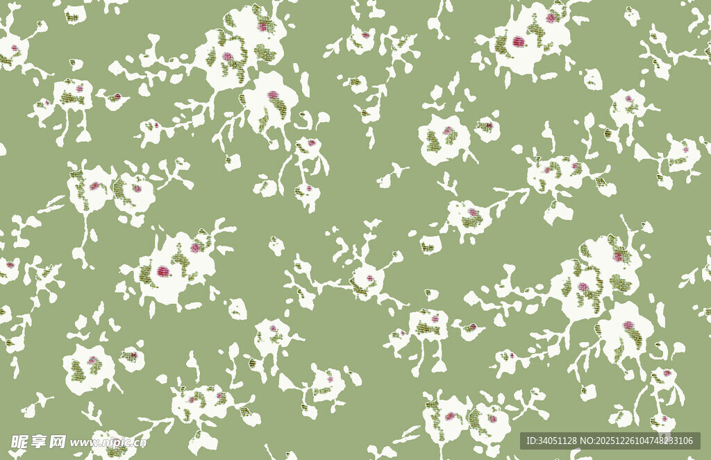 绿色底白色小花花卉图案