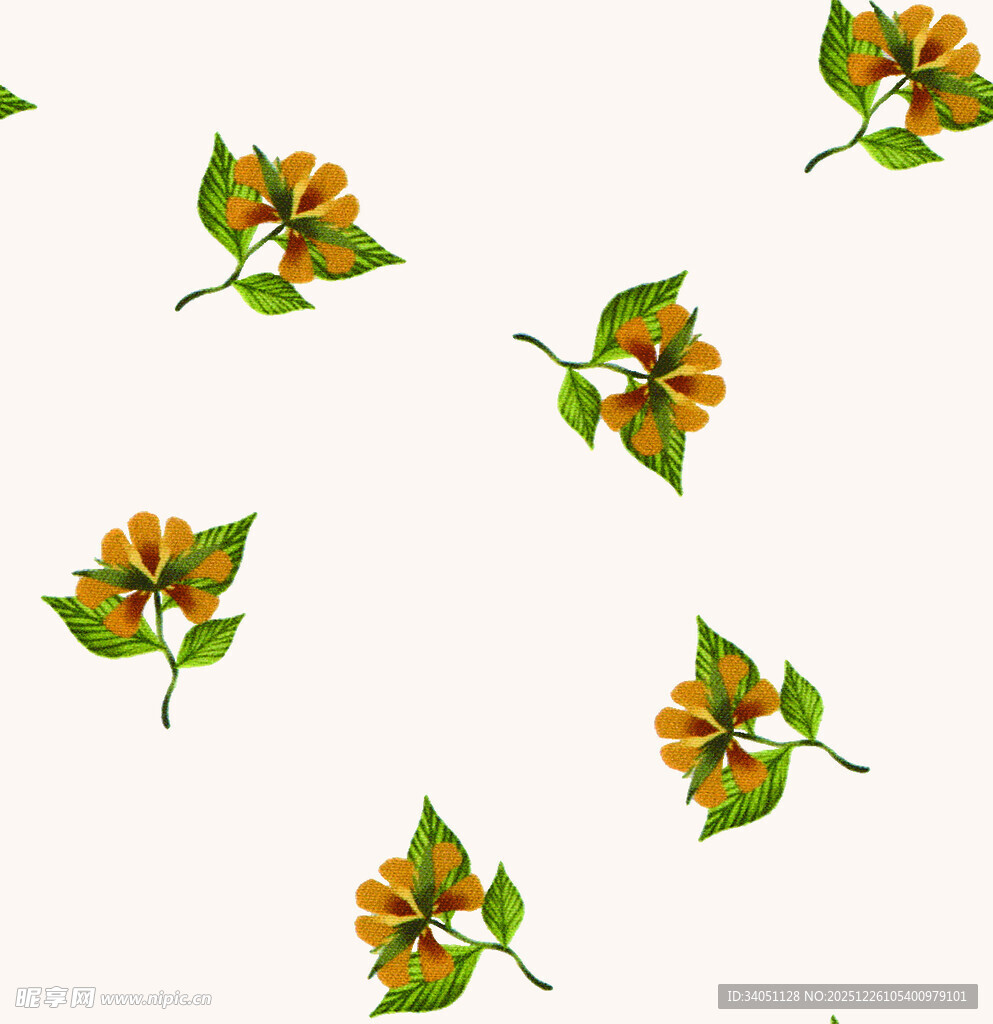 手绘橙色花朵绿叶图案