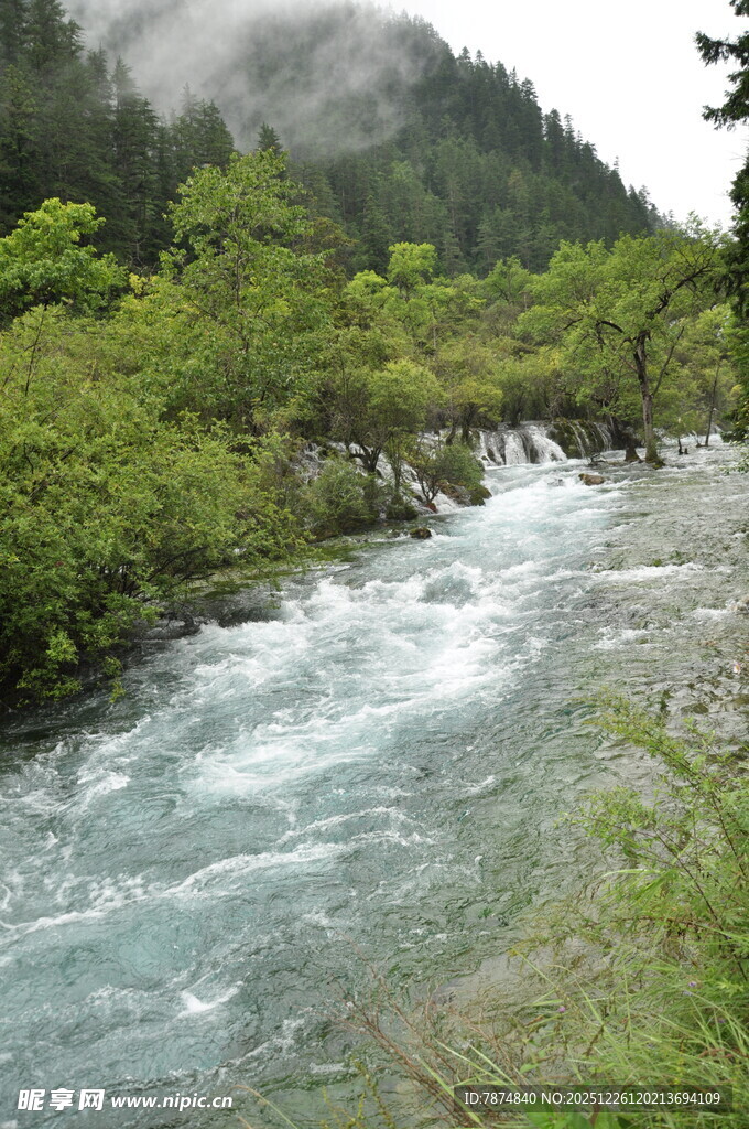 山间湍急溪流 绿意环绕