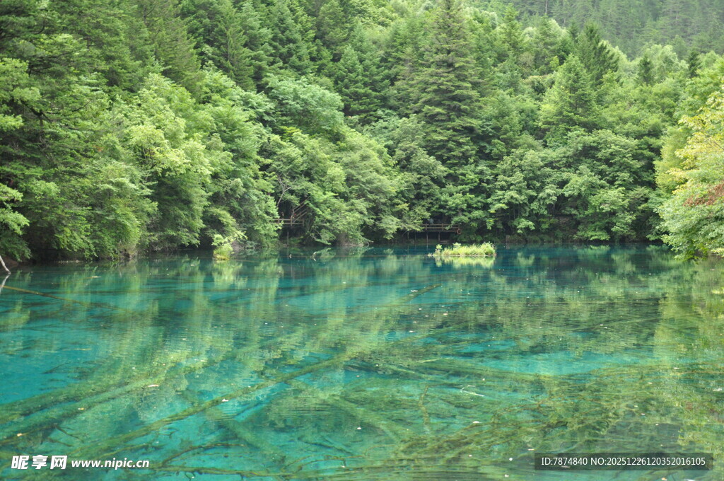 翠绿山林间的澄澈蓝湖