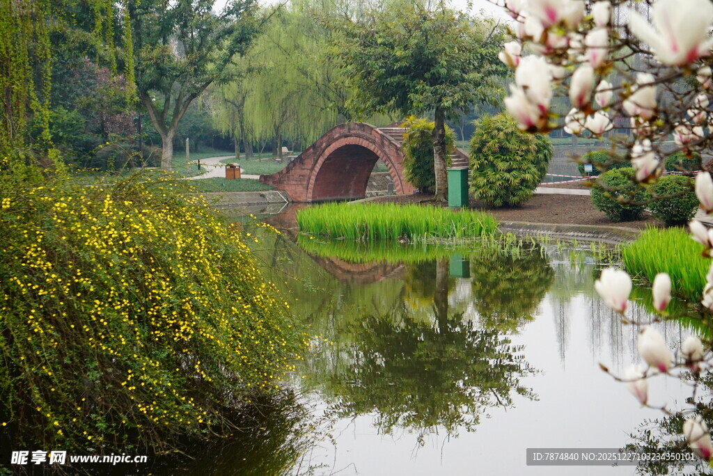 湖畔拱桥春色如画