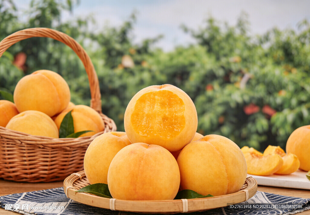 黄桃摆于果园桌上